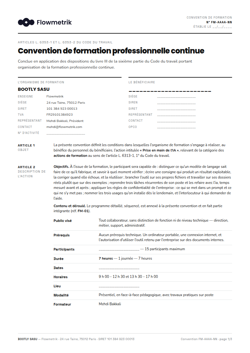 Première page d’une convention de formation professionnelle.