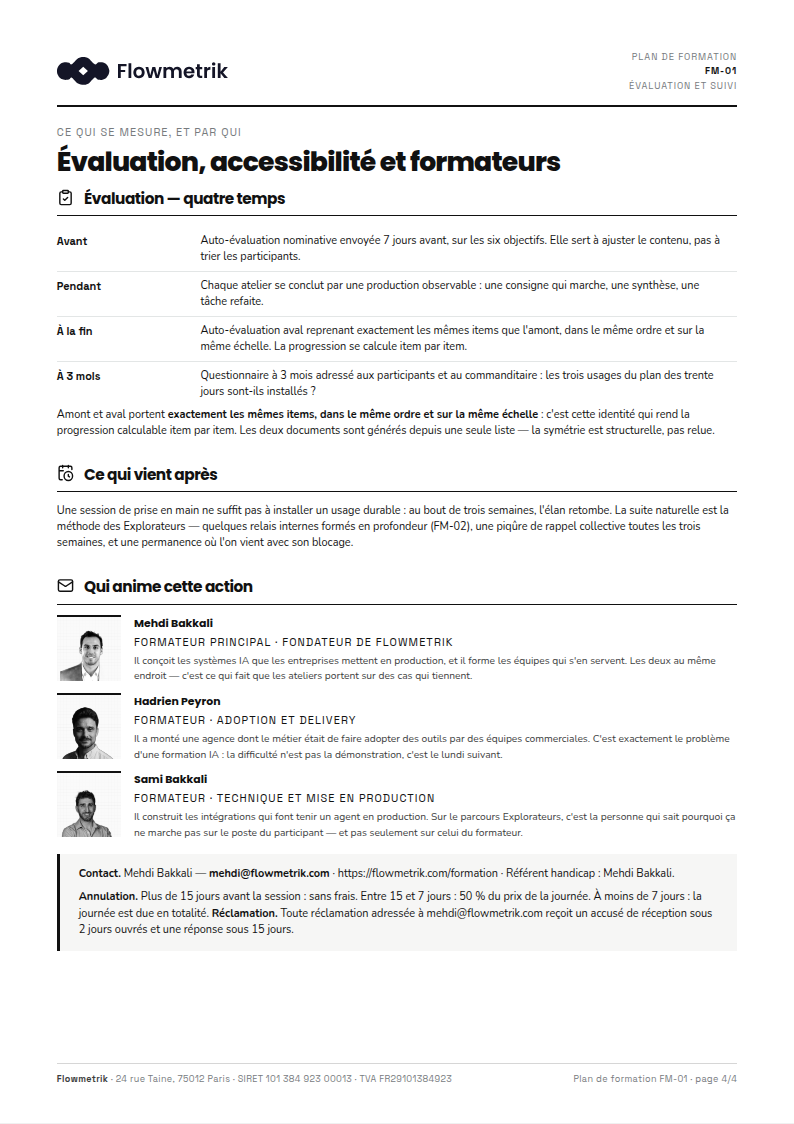 Page d’évaluation et de présentation des formateurs d’un plan de formation.